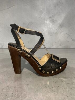 Jimmy Choo Black Leather Studded Platform Sandals with Brown Heel